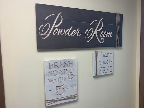 Reclaimed Wood Powder Room Sign Set: Farmhouse Bathroom Decor