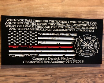 Personalized Firefighter Gift For Him Christmas Custom Sign Rustic Home Decor Thin Red Line American Flag Graduation Fathers Day Isaiah 43:2