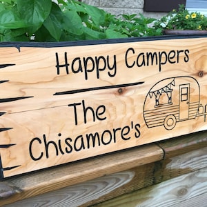 Personalized Carved Cedar Wood Camping Sign, Family Name Sign with Camper RV Image, Carved Wood Signs for Fathers Day Gift for him