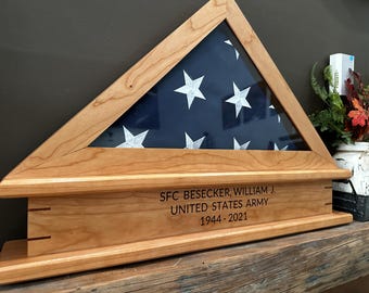Flag Display Case w/ built in stand, fits U.S Military Burial flag, 5 foot x 9.5 foot flags, Personalization Engraved
