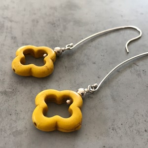 Long yellow geometric earrings, long sterling silver hooks, howlite, dangle earrings, thehappylittlebeader