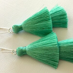 Aqua double tassels, Silk tassels, Sterling silver earwires, boho, Dangle earrings, thehappylittlebeader