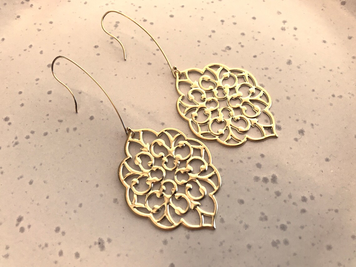 Large Gold Filigree Earrings With 14K Gold Filled Earwires Etsy