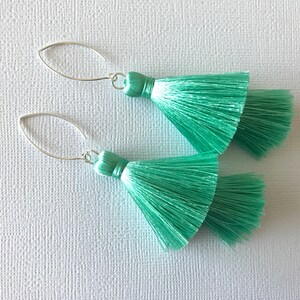 Long aqua double tassels, Silk tassels, Green tassels, Long sterling silver earwires, boho, Dangle earrings, thehappylittlebeader