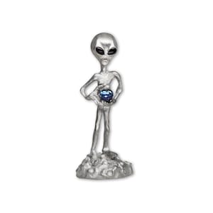 UFO Alien Holding Faceted Crystal Ball Pewter Statue S-006