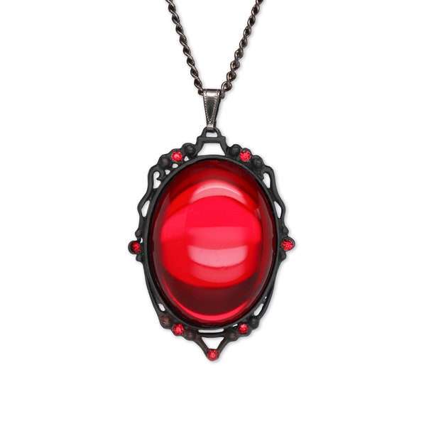 Gothic Blood Red Cabochon Set in Black Pewter Frame Pendant Necklace NK-614