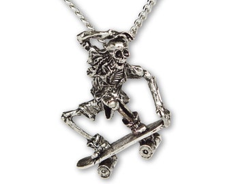 Skateboard Skeleton Nose Grab Silver Finish Pewter Pendant Necklace NK-156