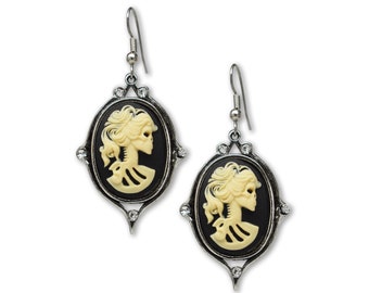 Pendientes estilo Lolita gótica con camafeo, color marfil sobre negro con cristales transparentes #1012