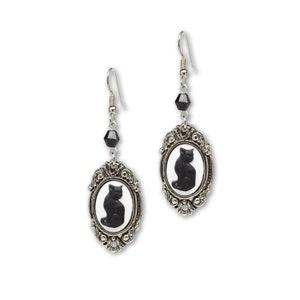 Black Cat Cameo in Silver Pewter Frame Dangle Earrings with Black Bead #1047