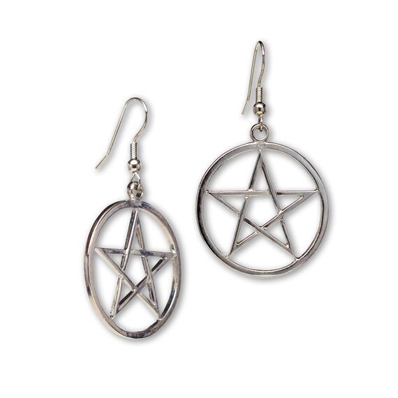 Pagan Wiccan Pentagram Pentacle Silver Finish Dangle Earrings #809 