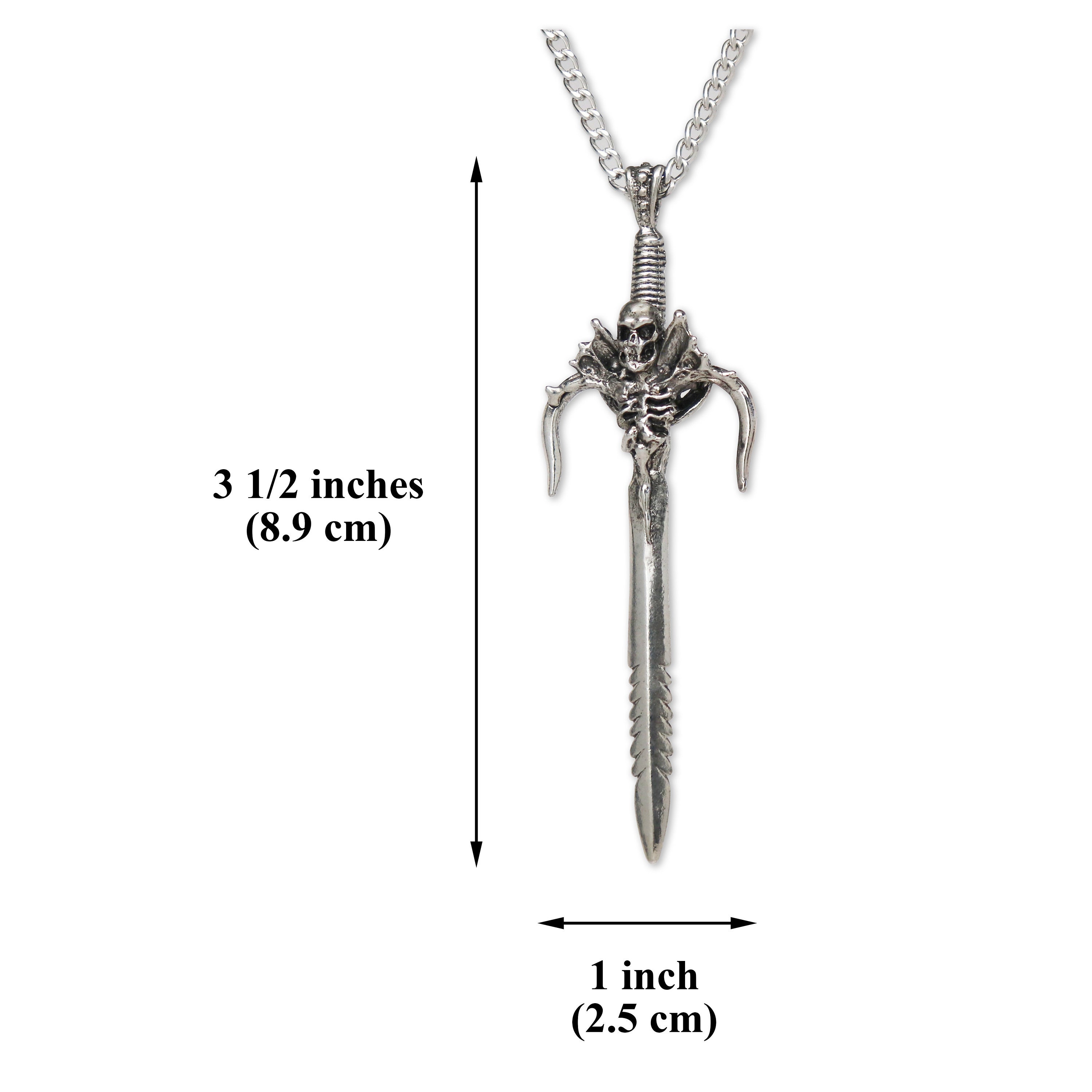 Skeleton on Sword Antique Silver Finish Pewter Pendant Skeleton on Sword Antique Silver Finish Pewter Pendant