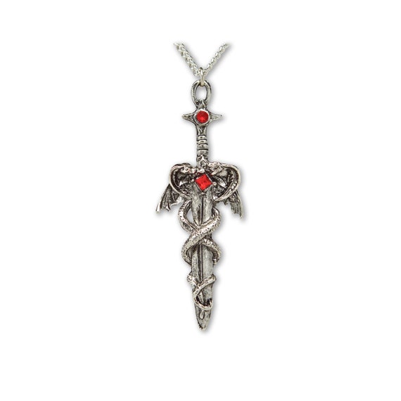 Dragons Wrapped Around Sword Medieval Renaissance Silver Finish Pendant Necklace
