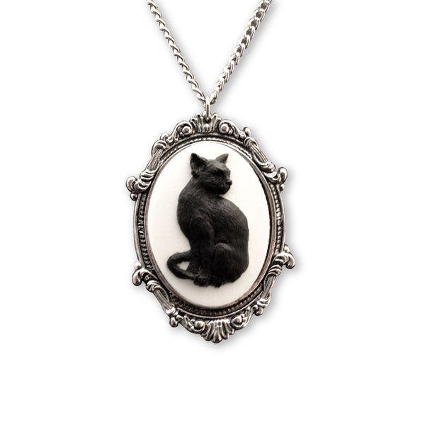 Black Cat Cameo in Antique Silver Frame Pendant Necklace NK-653