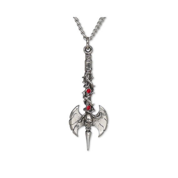 Double Axe in Vines With Skull and Red Crystals Pendant