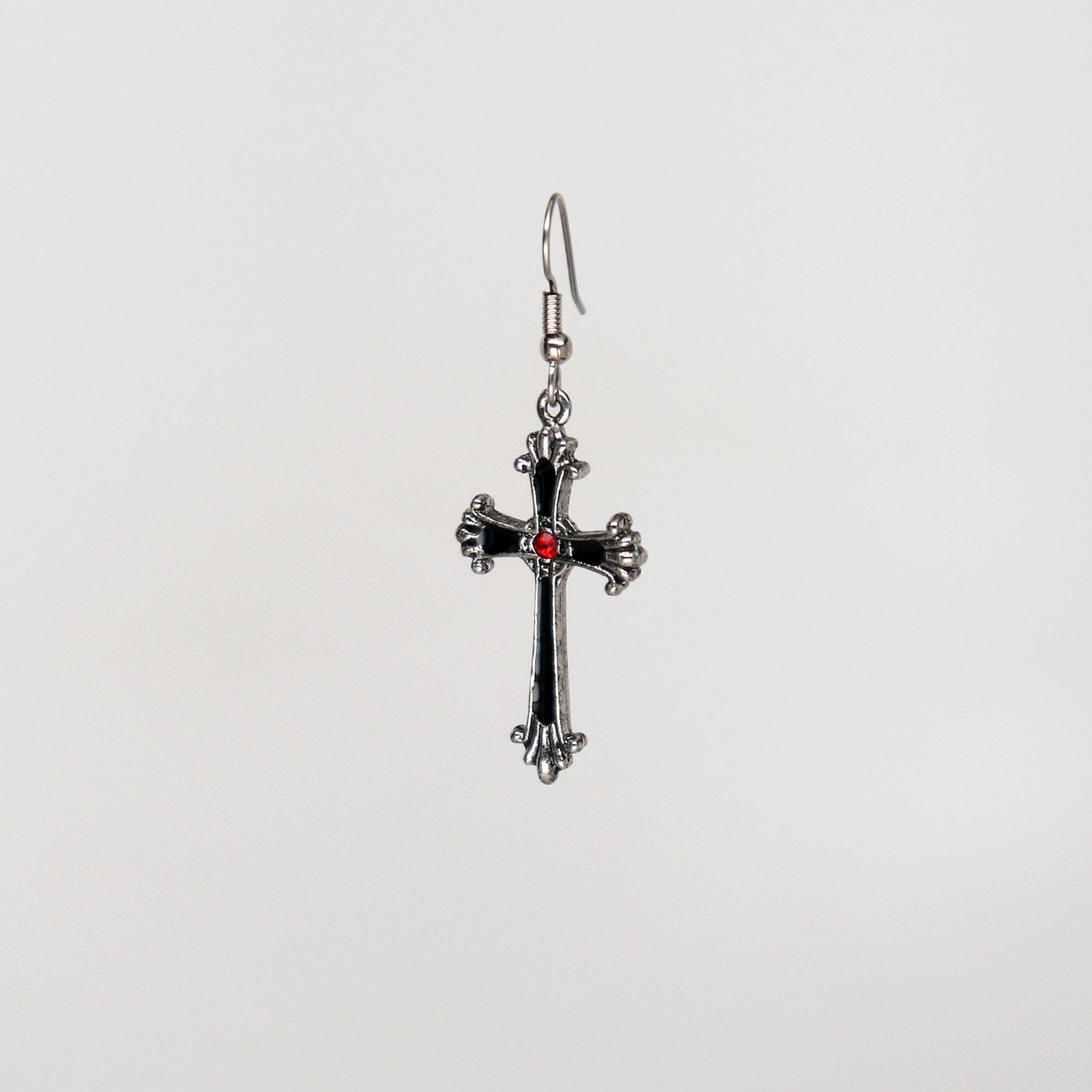 Gothic Victorian Cross Earrings – Red Austrian Crystals – Antique Pewter – Made In USA #1003