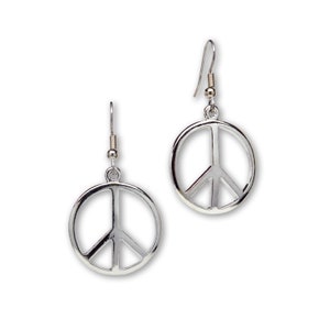 May include: A pair of silver peace sign dangle earrings. The earrings are made of metal and have a simple design.