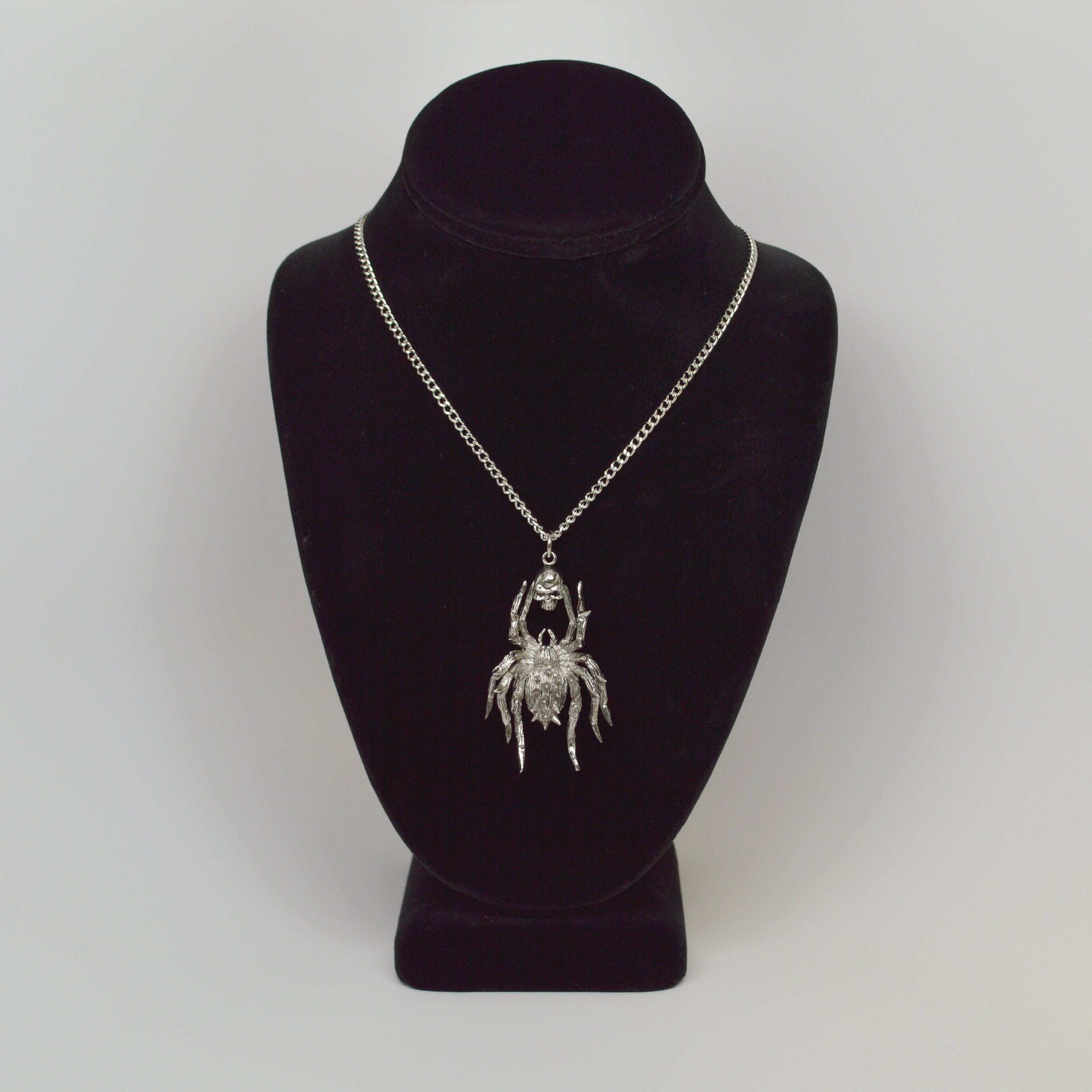 Gothic Skeleton with Crossbones and Demon Mask Pewter Pendant Necklace - Real Metal Jewelry