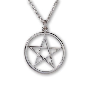 May include: A silver necklace with a pentagram pendant. The pendant is a circle with a five-pointed star inside.