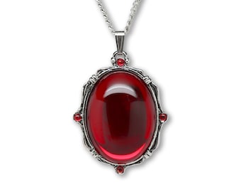 Vampire Blood Red Cabochon Pendant Necklace Set in Silver Finish Pewter Frame NK-608