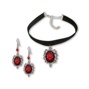 Gothic Red Rose Cameo In Silver Frame Black Velvet Choker and Red Rose Dangle Earrings Jewelry Set CH-604-1011RB