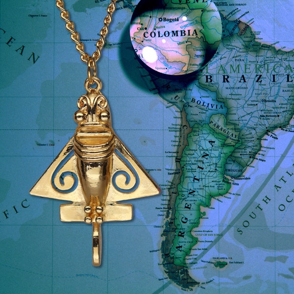 Quimbaya Flyer Pendant Necklace 24K Gold Finish Pre-Columbian Ancient Alien Artifact  NK-692