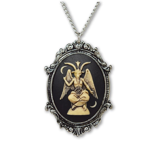 Antiqued Sitting Baphomet Cameo In Silver Finish Frame Goat Head Satanic Necklace Pendant NK-674 ANT