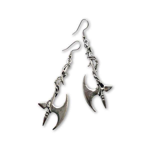 Gothic Vine Wrapped Executioner's Axe Pewter Earrings #803