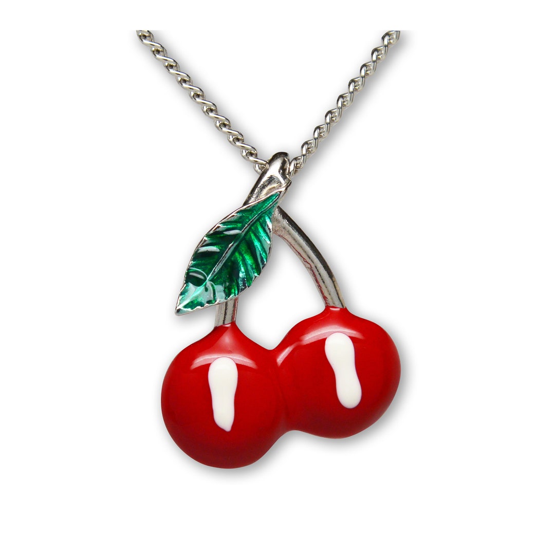 Retro Cherries Necklace Silver and Hand Painted Enamel Pendant Necklace NK450 Etsy