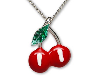 Retro Cherries Necklace Silver and Hand Painted Enamel Pendant Necklace NK-450