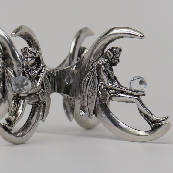 Pewter Crystal Ball Stand: Crescent Moons, Fairies, Austrian Crystal Accents