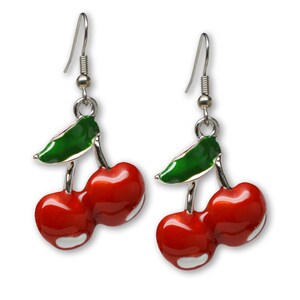 Retro Red Cherries Classic Hand Painted Enamerl Pewter Earrings #1043