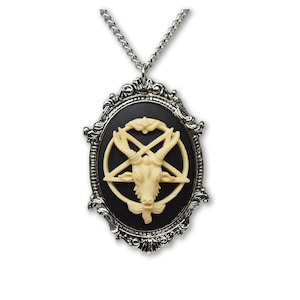 Goat Head Satanic Baphomet Cameo Bone on Black In Silver Finish Frame Necklace Pendant NK-675