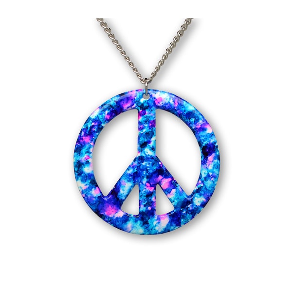 Purple Blue Hippie Tie Dye Peace Sign Enamel on Pewter Pendant Necklace NK-15 TDP