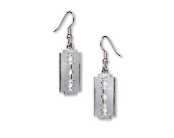 Razor Blade Earrings Polished Silver Finish Pewter Earrings #984