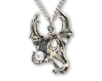 Dragon with Aurora Borealis Stone Silver Finish Pewter Pendant Necklace NK-410