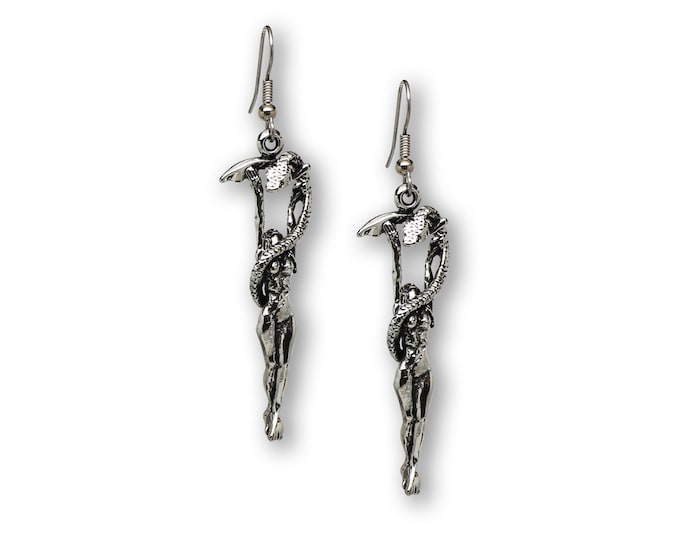 Gothic Maiden Wrapped In Dragon Holding Sword Silver Finish Pewter Earrings #865
