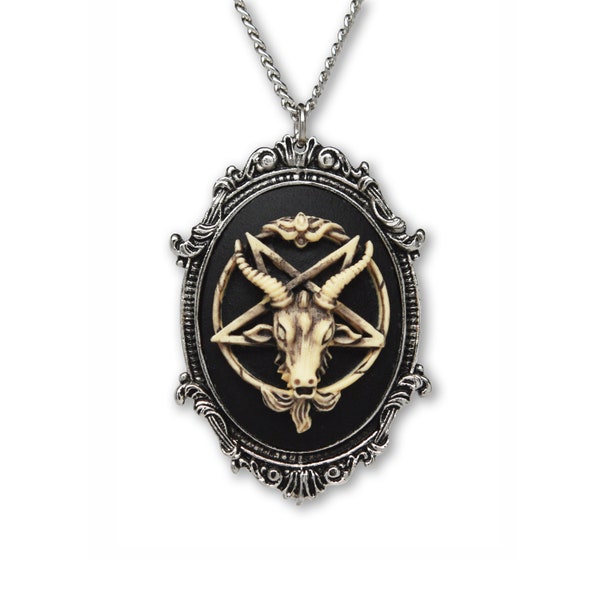 Antiqued Goat Head Satanic Baphomet Cameo Bone on Black In Silver Finish Frame Necklace Pendant NK-675 ANT