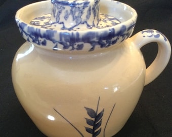 Roseville Spongeware Blue Wheat Crock withLid