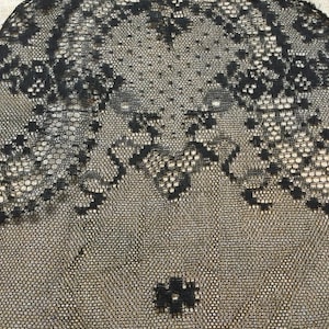 May include: Close-up of a black lace textile with an intricate floral and geometric pattern. The lace features a delicate, open weave design with detailed motifs and a scalloped edge. The textile is set against a neutral background.