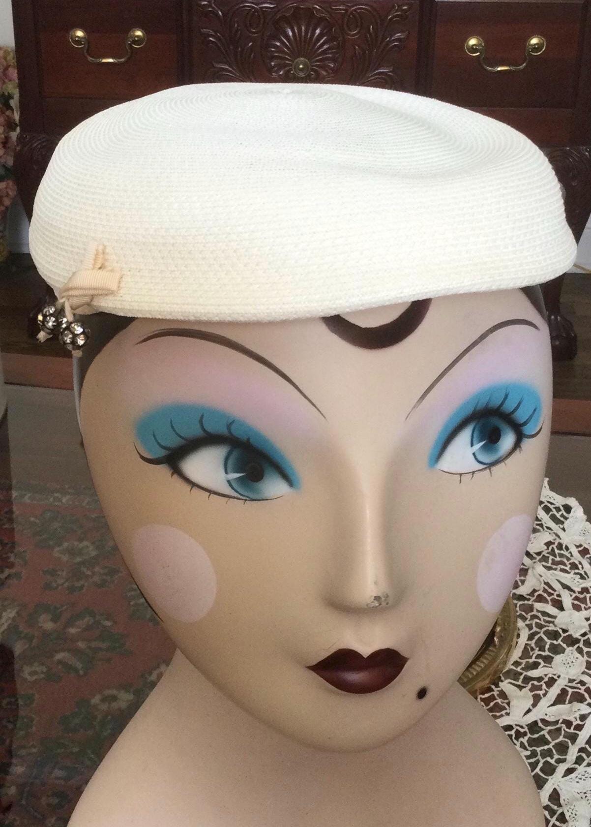 Lord and Taylor Finely Woven Rafia Spring Hat in Cream with Sparkling Adornment