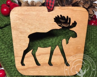 Christmas Moose Ornament. Woodland Ornament for Christmas. Buffalo Plaid Decor. Woodland Christmas Decor. Wooden Tree Ornament.  Moose Decor