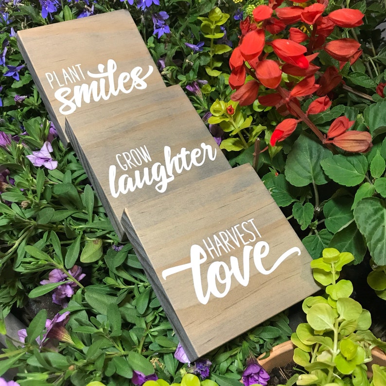 Spring Decor Shelf Sitter Wood Signs Shelf Decor Plant Smiles Grow Laughter Harvest Love Gift Idea for Her Inspirational Signs for Home