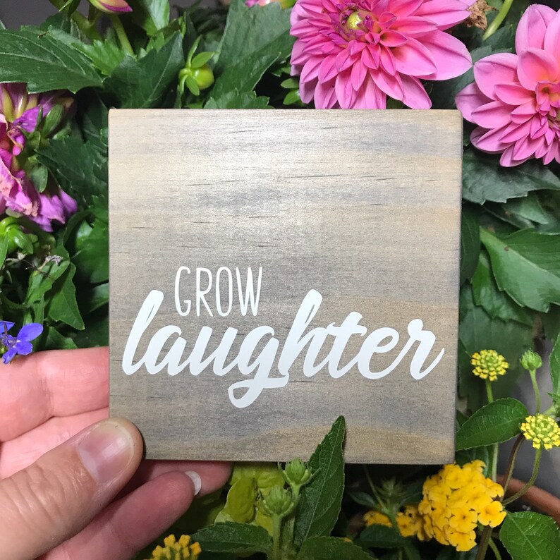 Spring Decor Shelf Sitter Wood Signs Shelf Decor Plant Smiles Grow Laughter Harvest Love Gift Idea for Her Inspirational Signs for Home