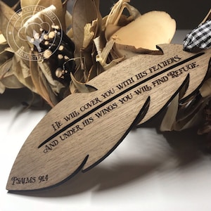 Psalms 91:4 Religious Wooden Christmas Tree Ornament. Feather Ornament Gift for Bible Study Group. Bible Verse Ornament Gift for Christians.
