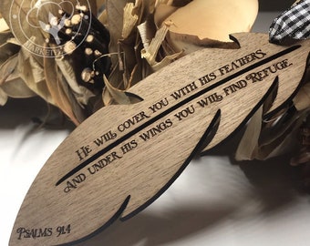 Adorno de plumas de madera, Salmo 91:4, regalo religioso