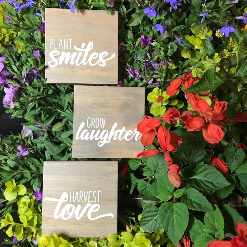 Spring Decor Shelf Sitter Wood Signs Shelf Decor Plant Smiles Grow Laughter Harvest Love Gift Idea for Her Inspirational Signs for Home