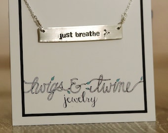 Just Breathe - Hand-Stamped Bar Necklace with Blowing Dandelions