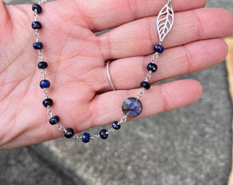 Sapphire Labradorite Leaf Galaxy Sterling Silver Beaded Neckklace