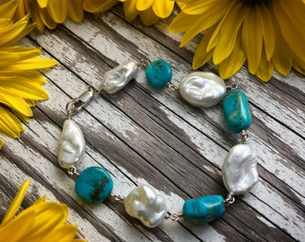 Bright Light Turquoise and Pearl Victorious Bracelet