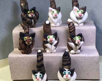 Brown, Ruffed and Fluffy Tabby Cat miniatures, Maine Coon-ish.  Your choice of one.